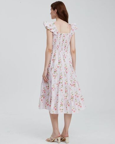 Women's Floral Smocked Midi Dress Square Neck Ruffle Strap Sleeveless Flowy A-Line Long Beach Sundress in Saudi Arabia