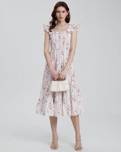 Women's Floral Smocked Midi Dress Square Neck Ruffle Strap Sleeveless Flowy A-Line Long Beach Sundress in Saudi Arabia