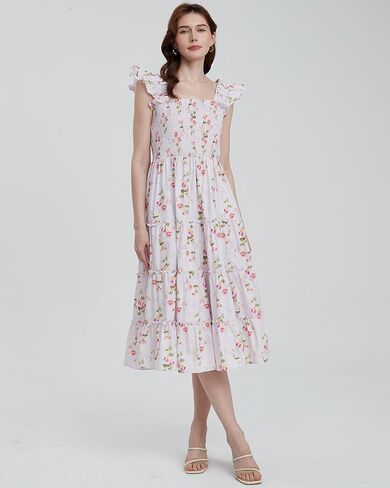 Women's Floral Smocked Midi Dress Square Neck Ruffle Strap Sleeveless Flowy A-Line Long Beach Sundress in Saudi Arabia