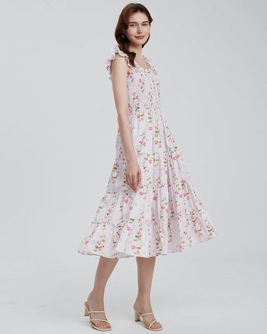 Women's Floral Smocked Midi Dress Square Neck Ruffle Strap Sleeveless Flowy A-Line Long Beach Sundress in Saudi Arabia