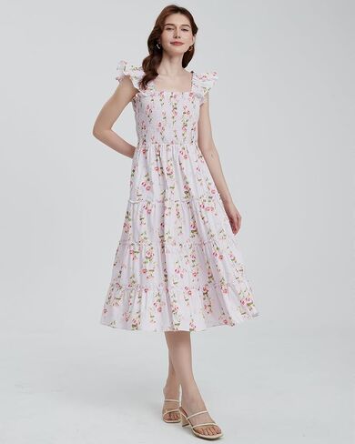 Women's Floral Smocked Midi Dress Square Neck Ruffle Strap Sleeveless Flowy A-Line Long Beach Sundress in Saudi Arabia