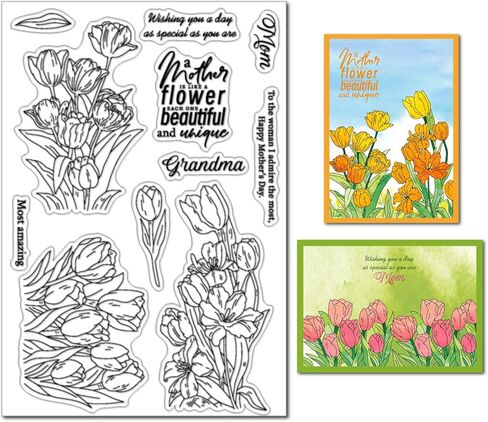 Arbuya DIY Tulip Decorative Clear Stamps for Card Making or Journaling, Spring Flowers Blossom Silicone Stamps for Scrapbooking Photo Album Paper Crafting Decoration in Kuwait