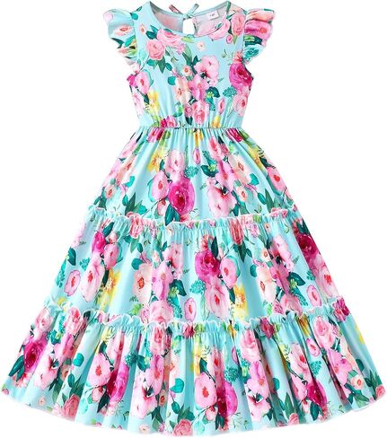 Girls Dress, Summer Clothes Flutter Sleeve, Elastic Waist, A-Line, Casual, for 7-14 Years Kids in Kuwait