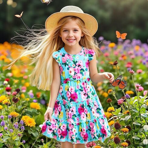 Girls Dress, Summer Clothes Flutter Sleeve, Elastic Waist, A-Line, Casual, for 7-14 Years Kids in Kuwait