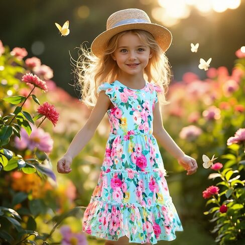 Girls Dress, Summer Clothes Flutter Sleeve, Elastic Waist, A-Line, Casual, for 7-14 Years Kids in Kuwait