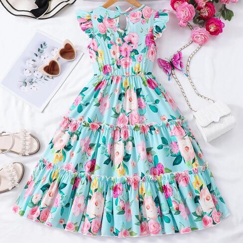 Girls Dress, Summer Clothes Flutter Sleeve, Elastic Waist, A-Line, Casual, for 7-14 Years Kids in Kuwait