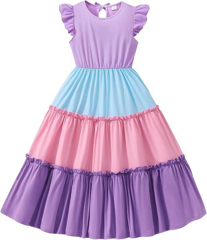 Girls Dress, Summer Clothes Flutter Sleeve, Elastic Waist, A-Line, Casual, for 7-14 Years Kids in Kuwait