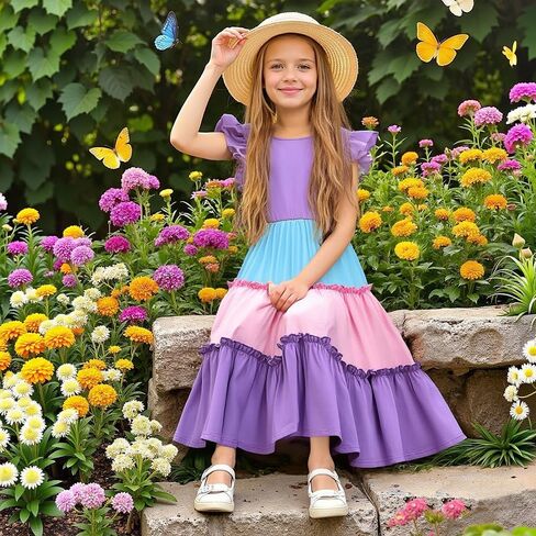 Girls Dress, Summer Clothes Flutter Sleeve, Elastic Waist, A-Line, Casual, for 7-14 Years Kids in Kuwait