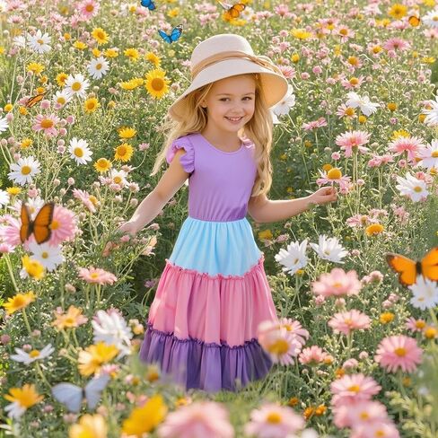 Girls Dress, Summer Clothes Flutter Sleeve, Elastic Waist, A-Line, Casual, for 7-14 Years Kids in Kuwait