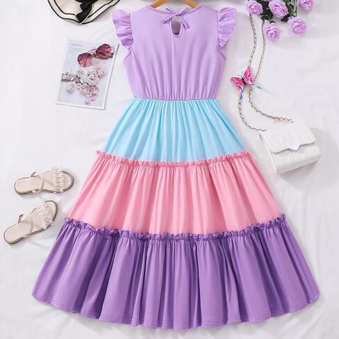 Girls Dress, Summer Clothes Flutter Sleeve, Elastic Waist, A-Line, Casual, for 7-14 Years Kids in Kuwait