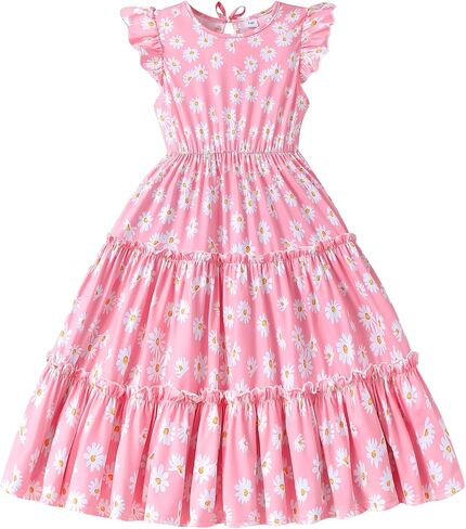 Girls Dress, Summer Clothes Flutter Sleeve, Elastic Waist, A-Line, Casual, for 7-14 Years Kids in Kuwait