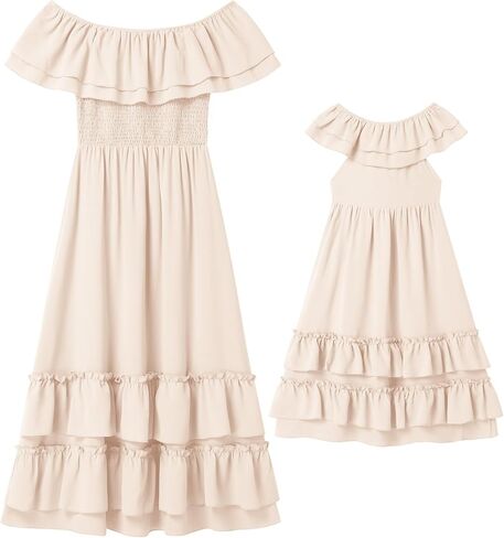 AWIBMK Mother Daughter Matching Boho Mommy and Me Dress Summer Casual Off Shoulder Smocked Tiered A-Line Maxi Dress in Saudi Arabia