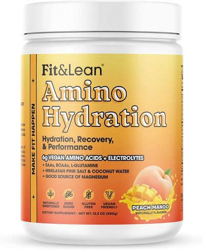 Fit&Lean Amino Hydration Plus Energy، مسحوق ما قبل التمرين مُحلى طبيعيًا، 6 جم من الأحماض الأمينية النباتية، EAA، BCAA، الجلوتامين، الإلكتروليتات والكافيين الطبيعي، عصير الليمون الوردي، 30 حصة in Kuwait