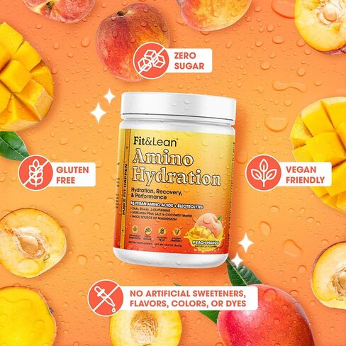 Fit&Lean Amino Hydration Plus Energy، مسحوق ما قبل التمرين مُحلى طبيعيًا، 6 جم من الأحماض الأمينية النباتية، EAA، BCAA، الجلوتامين، الإلكتروليتات والكافيين الطبيعي، عصير الليمون الوردي، 30 حصة in Kuwait