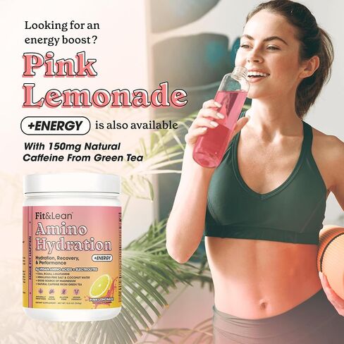 Fit&Lean Amino Hydration Plus Energy، مسحوق ما قبل التمرين مُحلى طبيعيًا، 6 جم من الأحماض الأمينية النباتية، EAA، BCAA، الجلوتامين، الإلكتروليتات والكافيين الطبيعي، عصير الليمون الوردي، 30 حصة in Kuwait