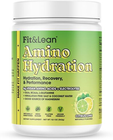 Fit&Lean Amino Hydration Plus Energy، مسحوق ما قبل التمرين مُحلى طبيعيًا، 6 جم من الأحماض الأمينية النباتية، EAA، BCAA، الجلوتامين، الإلكتروليتات والكافيين الطبيعي، عصير الليمون الوردي، 30 حصة in Kuwait