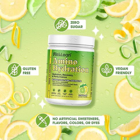 Fit&Lean Amino Hydration Plus Energy، مسحوق ما قبل التمرين مُحلى طبيعيًا، 6 جم من الأحماض الأمينية النباتية، EAA، BCAA، الجلوتامين، الإلكتروليتات والكافيين الطبيعي، عصير الليمون الوردي، 30 حصة in Kuwait