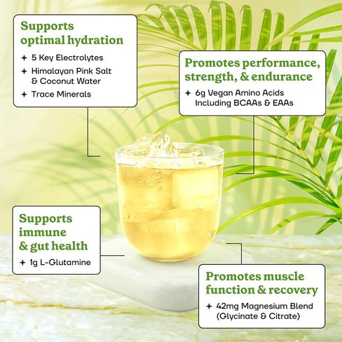 Fit&Lean Amino Hydration Plus Energy، مسحوق ما قبل التمرين مُحلى طبيعيًا، 6 جم من الأحماض الأمينية النباتية، EAA، BCAA، الجلوتامين، الإلكتروليتات والكافيين الطبيعي، عصير الليمون الوردي، 30 حصة in Kuwait