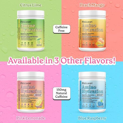 Fit&Lean Amino Hydration Plus Energy، مسحوق ما قبل التمرين مُحلى طبيعيًا، 6 جم من الأحماض الأمينية النباتية، EAA، BCAA، الجلوتامين، الإلكتروليتات والكافيين الطبيعي، عصير الليمون الوردي، 30 حصة in Kuwait