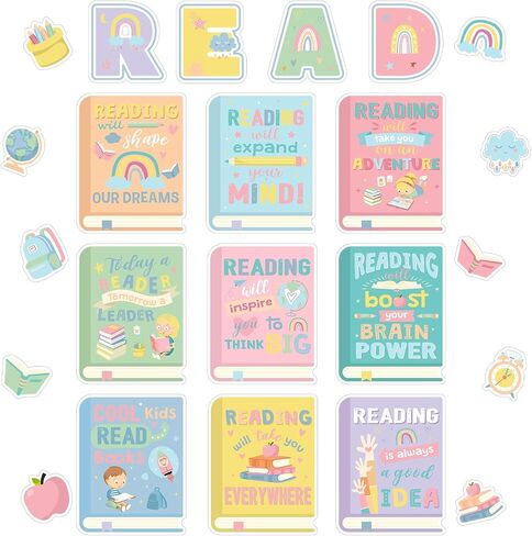 PATELAI 23 PCS REGING CLASSROOM DECREATIONS READING BULLETIN SET PORDER POSTER POSTER للمعلمين الفصول الدراسية لافتة وملصق قراءة جدار ديكور لمكتبة ما قبل المدرسة الابتدائية (Boho) in Kuwait