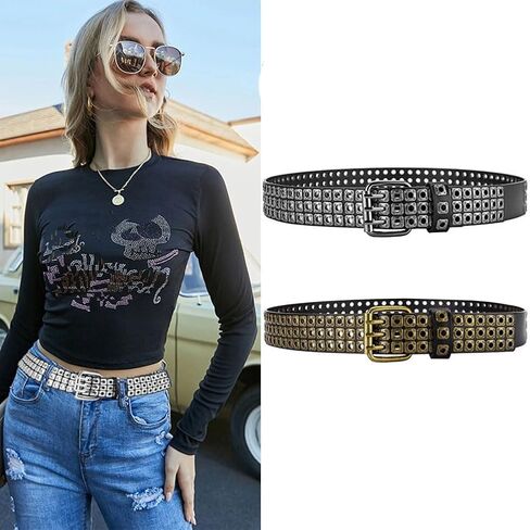 3 Row Studded Holes Grommet Faux Leather Belts for Women Men Punk Jeans Pants Coat in Saudi Arabia