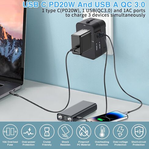 Travel Adapter, Universal Power Adapter Wall AC Power Plug with Type-C and USB-A Charging Ports for USA EU UK AUS Mobile Phones, Tablets, Laptops, MP3s and Shavers in Saudi Arabia