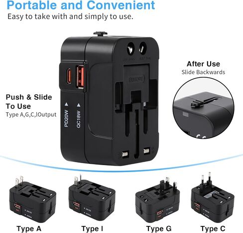 Travel Adapter, Universal Power Adapter Wall AC Power Plug with Type-C and USB-A Charging Ports for USA EU UK AUS Mobile Phones, Tablets, Laptops, MP3s and Shavers in Saudi Arabia