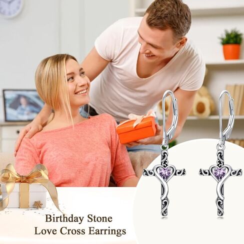 TOUPOP Birthstone Cross Earrings 925 Sterling Silver Heart Cross Dangle Drop Earrings Fine Jewelry Birthday Christmas Gifts for Women Her Girlfriend in Saudi Arabia