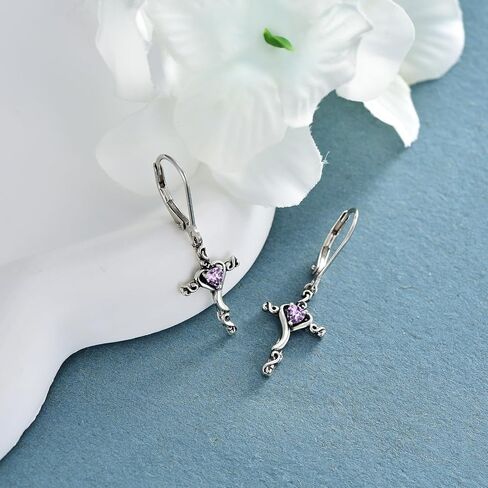 TOUPOP Birthstone Cross Earrings 925 Sterling Silver Heart Cross Dangle Drop Earrings Fine Jewelry Birthday Christmas Gifts for Women Her Girlfriend in Saudi Arabia