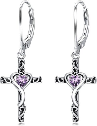 TOUPOP Birthstone Cross Earrings 925 Sterling Silver Heart Cross Dangle Drop Earrings Fine Jewelry Birthday Christmas Gifts for Women Her Girlfriend in Saudi Arabia