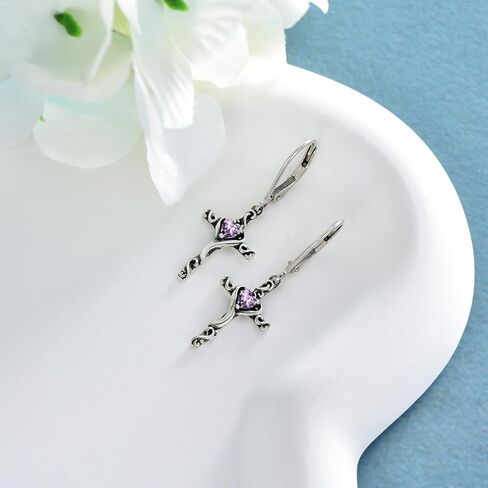 TOUPOP Birthstone Cross Earrings 925 Sterling Silver Heart Cross Dangle Drop Earrings Fine Jewelry Birthday Christmas Gifts for Women Her Girlfriend in Saudi Arabia