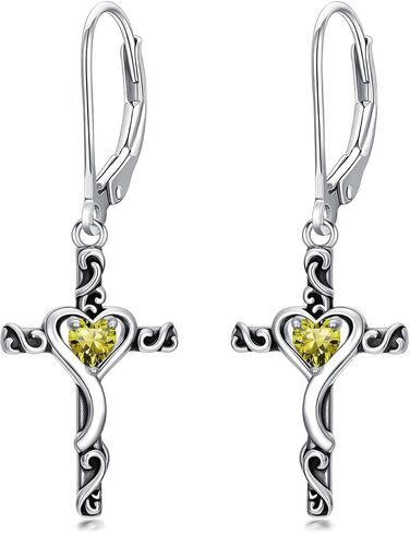 Toupop Birthstone Cross Earrings 925 Sterling Silver Heart Cross Dangle Drop arcs Gine Jewelry Higring Higrings for Women Friendy in Kuwait
