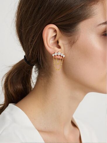 Gold Helix Earrings for Women Flat Back Earrings Hidden Helix Earring Dangle Pearl Drop Tassel Chain Earring Cartilage Studs Jewelry Gift in Saudi Arabia