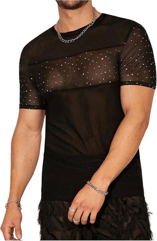 WDIRARA Men's Rhinestone Mesh Sheer T Shirts Sparkle Crew Neck Short Sleeve Casual Tee Top in Saudi Arabia