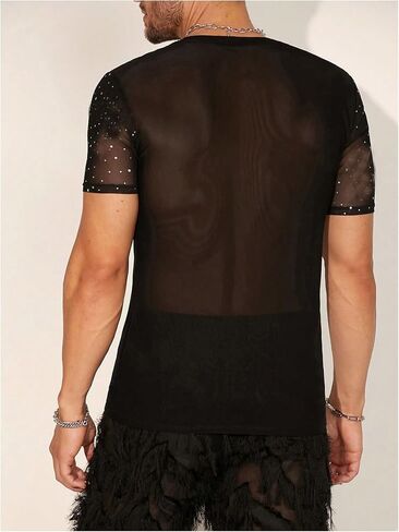 WDIRARA Men's Rhinestone Mesh Sheer T Shirts Sparkle Crew Neck Short Sleeve Casual Tee Top in Saudi Arabia