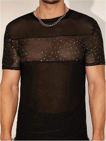 WDIRARA Men's Rhinestone Mesh Sheer T Shirts Sparkle Crew Neck Short Sleeve Casual Tee Top in Saudi Arabia
