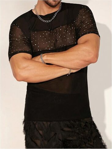 WDIRARA Men's Rhinestone Mesh Sheer T Shirts Sparkle Crew Neck Short Sleeve Casual Tee Top in Saudi Arabia