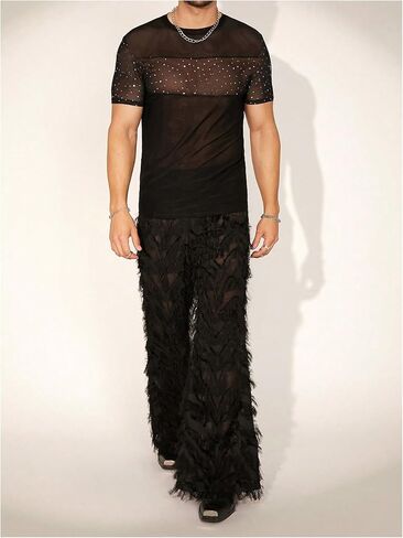 WDIRARA Men's Rhinestone Mesh Sheer T Shirts Sparkle Crew Neck Short Sleeve Casual Tee Top in Saudi Arabia