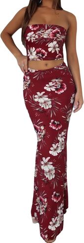 Women High Stretchy 2 Piece Tube Top Floral Maxi Skirt Set Summer Outfits 2025 in Saudi Arabia