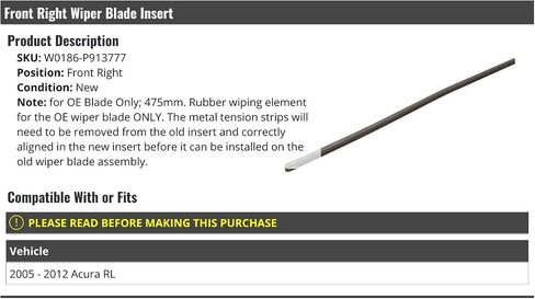 Front Right Passenger Side Wiper Blade Insert Only (475mm) - Compatible with 2005-2012 Acura RL with Equipment Wiper Blades in Saudi Arabia