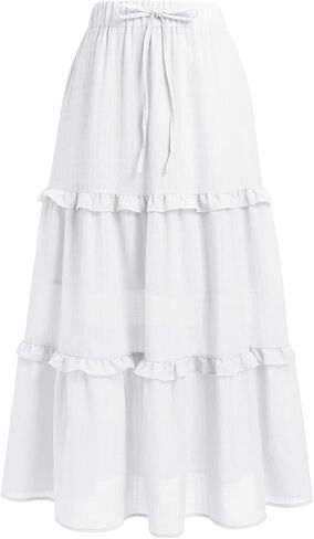 Iwemek Women Summer Boho Flowy Swing Tiered A-Line Midi Skirt Ruffle المرن عالي الخصر العادي in Kuwait