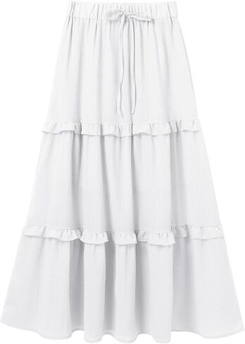 Iwemek Women Summer Boho Flowy Swing Tiered A-Line Midi Skirt Ruffle المرن عالي الخصر العادي in Kuwait