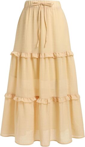 Iwemek Women Summer Boho Flowy Swing Tiered A-Line Midi Skirt Ruffle المرن عالي الخصر العادي in Kuwait