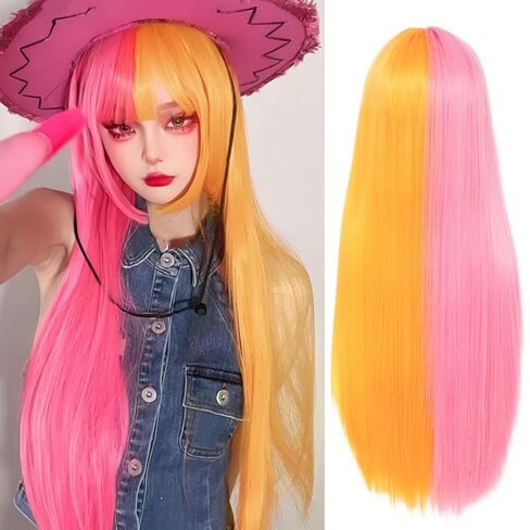Half Orange Half Pink Long Straight Wig for Women with Bangs Synthetic Natural Looking Wigs for Cosplay Daily Party Use in Kuwait