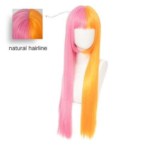 Half Orange Half Pink Long Straight Wig for Women with Bangs Synthetic Natural Looking Wigs for Cosplay Daily Party Use in Kuwait