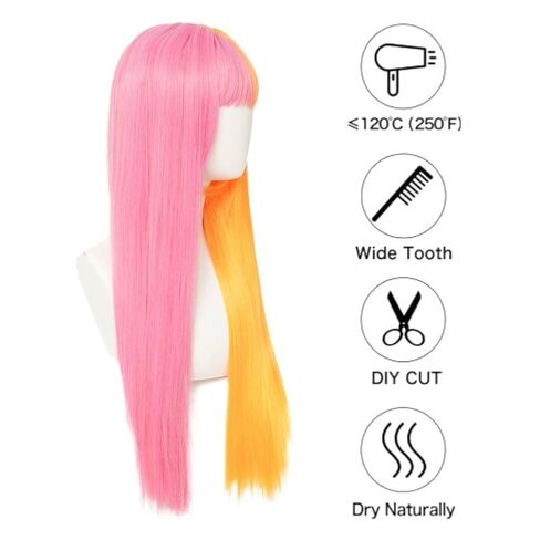 Half Orange Half Pink Long Straight Wig for Women with Bangs Synthetic Natural Looking Wigs for Cosplay Daily Party Use in Kuwait