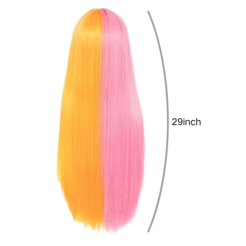 Half Orange Half Pink Long Straight Wig for Women with Bangs Synthetic Natural Looking Wigs for Cosplay Daily Party Use in Kuwait
