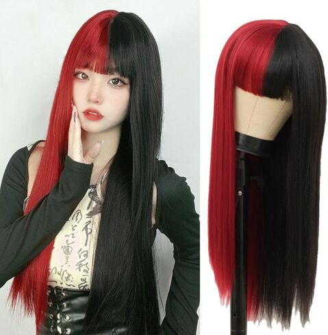 Half Orange Half Pink Long Straight Wig for Women with Bangs Synthetic Natural Looking Wigs for Cosplay Daily Party Use in Kuwait