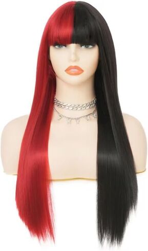 Half Orange Half Pink Long Straight Wig for Women with Bangs Synthetic Natural Looking Wigs for Cosplay Daily Party Use in Kuwait