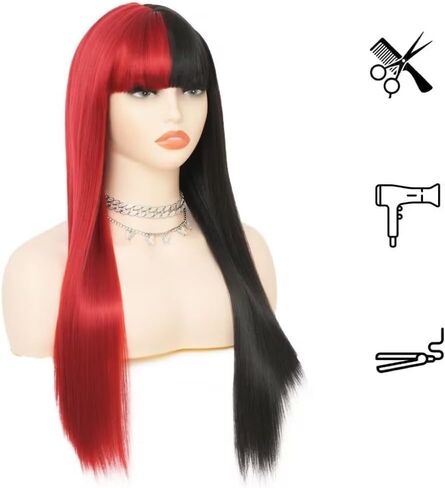 Half Orange Half Pink Long Straight Wig for Women with Bangs Synthetic Natural Looking Wigs for Cosplay Daily Party Use in Kuwait